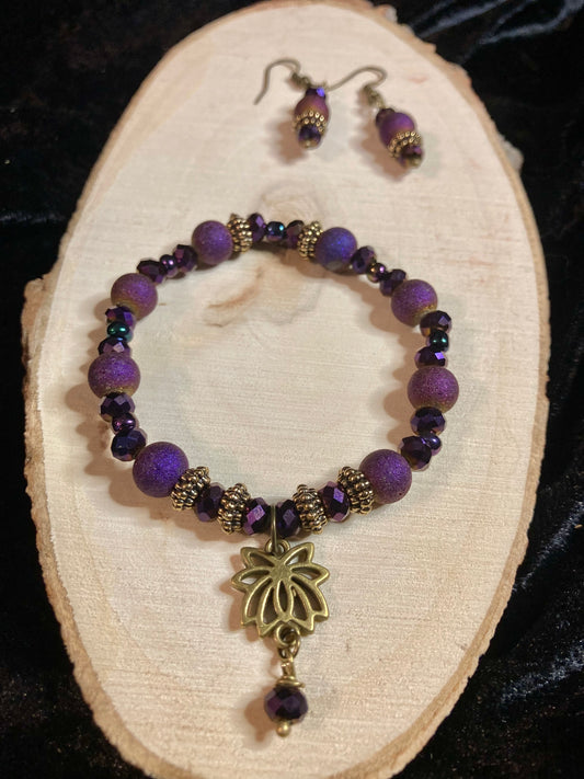 Beaded Elegance Handmade Bracelet set- Purple Lotus Flower