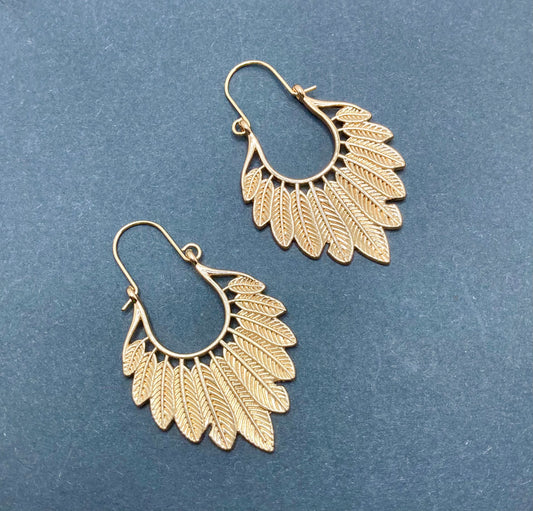 Gold Hoop Feathered Earrings