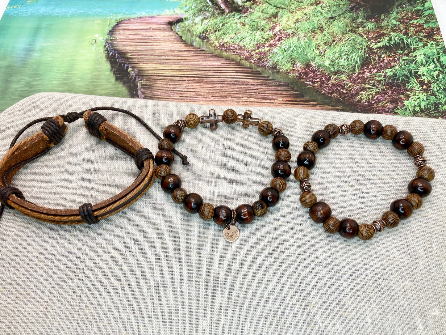 Bronze Banded Wood Bracelet Trio