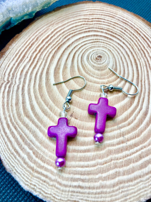 Purple Stone Cross Earrings