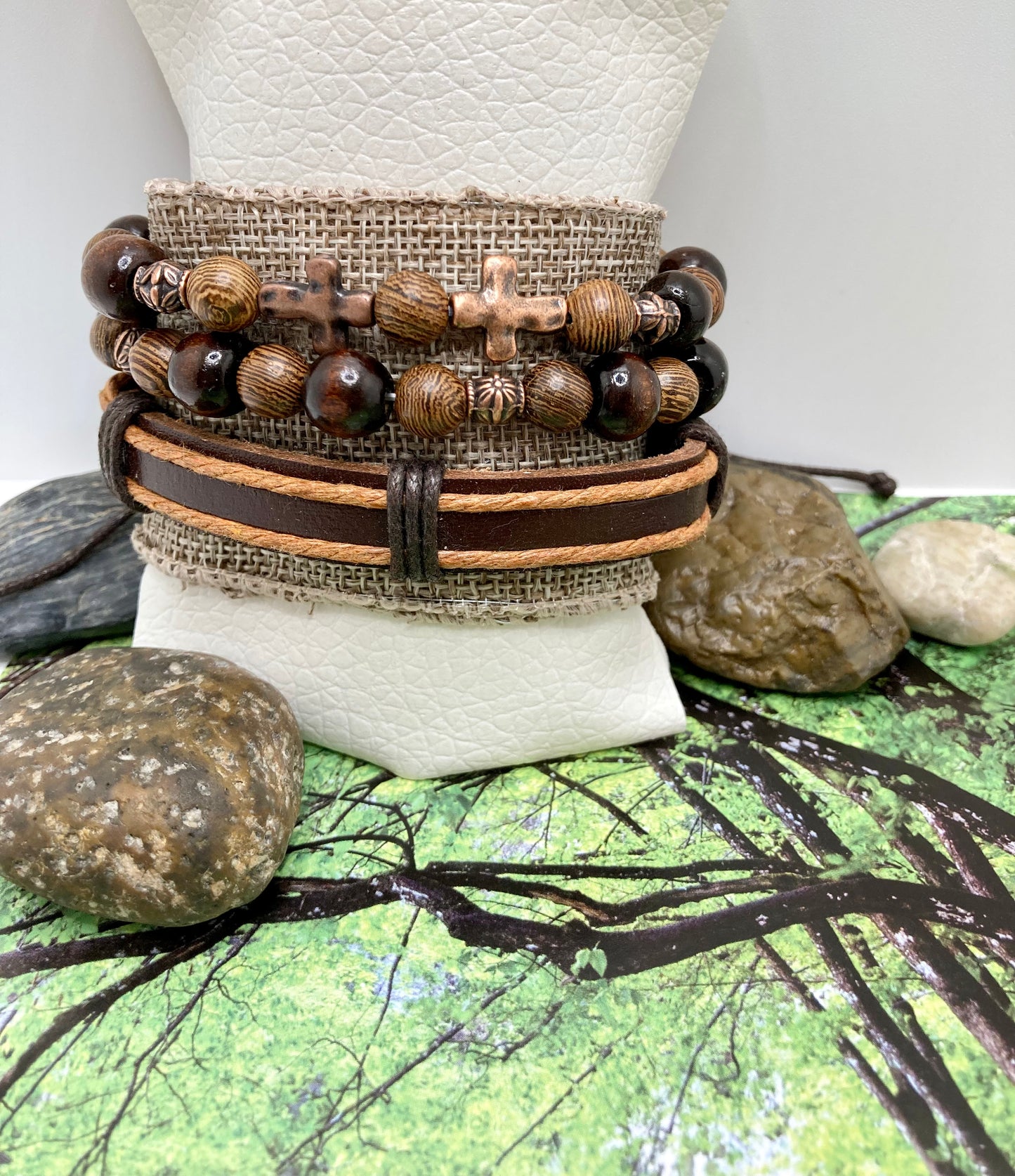 Bronze Banded Wood Bracelet Trio