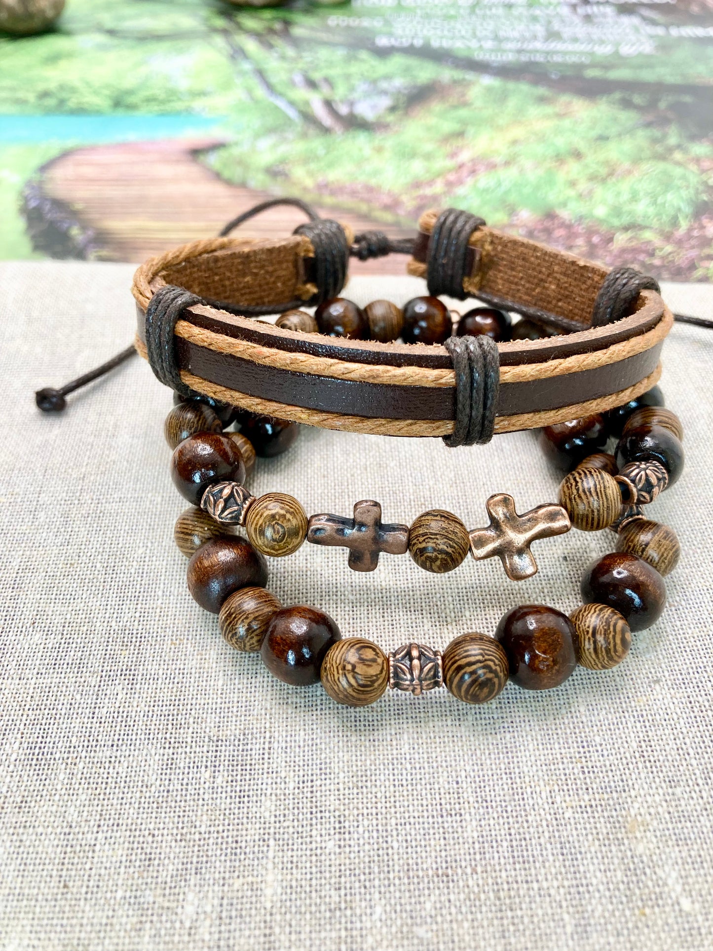 Bronze Banded Wood Bracelet Trio